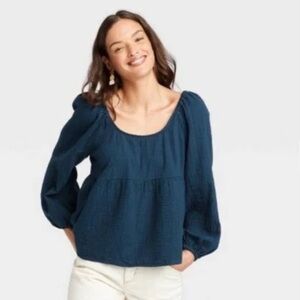 Universal Thread Long Sleeve Peplum Top, Navy XS